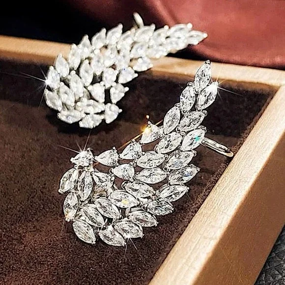 Silver Cubic Zircon Leaf Angel Wing Cuff Earrings - Picture 2 of 8